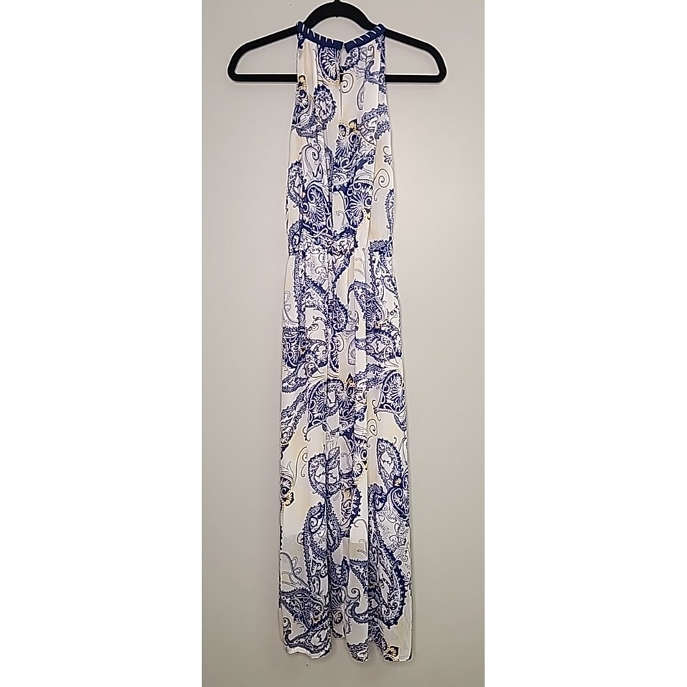 Blue/White Maxi Dress Women Small Mediterranean Greek Inspired Paisley 90's - Picture 4 of 9